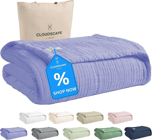 Cloud Scape Linen Extra Large 4 Layer Muslin Throw Blanket - 100% Cotton Gauze, Lightweight & Breathable All Season, Pre-Washed, for Couch & Bed, 50x70, Lavender Blue