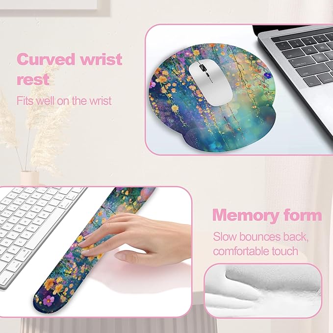 Watercolor Ivy Flower Spring Flower Mouse Pad with Wrist Rest and Keyboard Wrist Rest Set, Non-Slip Rubber Base Memory Foam Mouse Pad Set for Women, Office Desk Accessories, Gaming