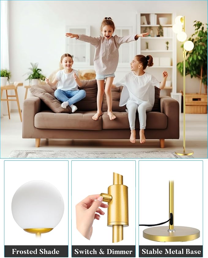 Lightdot 64IN Dimmable (Brightness Adjustable) Globe Floor Lamp, Gold Standing Lamps with 4PCS 3000K G9 Bulbs Soft Warm White Eye Care, Mid Century Modern Floor Lamp for Living Room