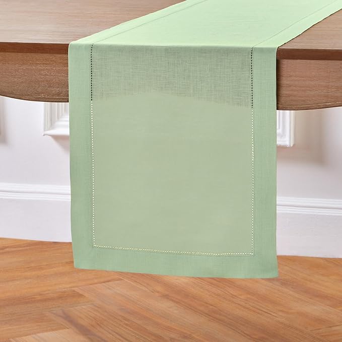 Solino Home Linen Hemstitch Table Runner 108 Inches Long - 100% Pure Linen Light Green Table Runner 14 x 108 Inch - Classic Hemstitch