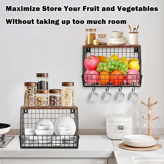 Livabber Fruit Basket for Kitchen, Metal Fruit Vegetable Storage Bin with 2 Banana Hangers, Countertop Wire Basket Organizer for Snack Potato Onion, Screw Mounted or Stand (Black, 2 Pack)