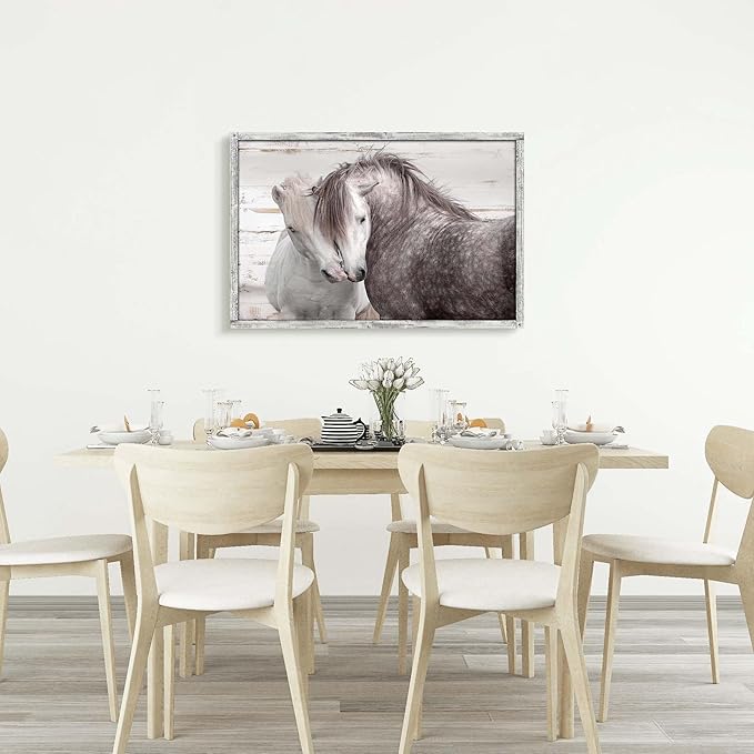 Horse Wall Art Wood Decor: Large Animal Framed Picture Rustic Horses Nuzzling Print Artwork Farmhouse Country Western Painting for Home Living Room Bedroom
