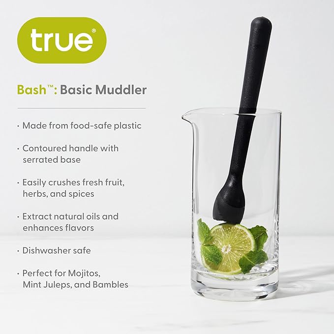 True Bash Muddler for Cocktails, Fruits, Spices, Herbs, and Sugar Cubes Crusher, Home Bar Accessories, Bartender Tools, 8.25", Set of 1, Black
