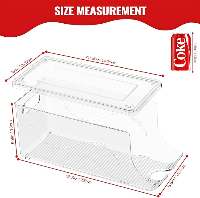 4 Pack Stackable Refrigerator Organizer, Soda Can Dispenser Pop Cans Container Beverage Holder with Lid for Fridge, Freezer, Kitchen, Clear Plastic Storage Bins-Holds 10 Cans Each -Transparent