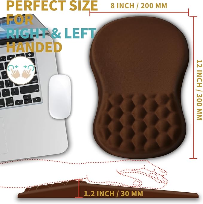 Hokafenle Ergonomic Mouse Pad Wrist Support with Massage Design, Wrist Rest Pain Relief Mousepad with Memory Foam&Non-Slip PU Base, Mouse Pads for Wireless Mouse & Desk (12x8 inch,Brown)