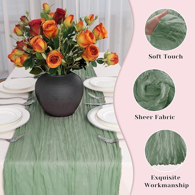 Sage Green Table Runner, 10Ft 120in Cheesecloth Table Runner, Gauze Rustic Cheese Cloth Table Runners for Wedding, Party, Baby Shower, Boho Table Runners for Christmas Thanksgiving Halloween Easter