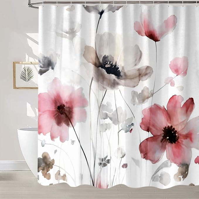 Boho Floral Shower Curtain, Cream Tan Beige Red Grey White Flower Farmhouse Fabric Shower Curtains Set for Bathroom Decorative with Hooks 72 X 72 inch Spring Bath Decor