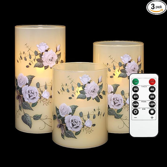 Flameless Candles with Remote & Timer, Love Theme Battery Operated Flickering Glass Rose LED Candles, Bedroom Home Christmas Summer Decor Table Ornament, Set of 3