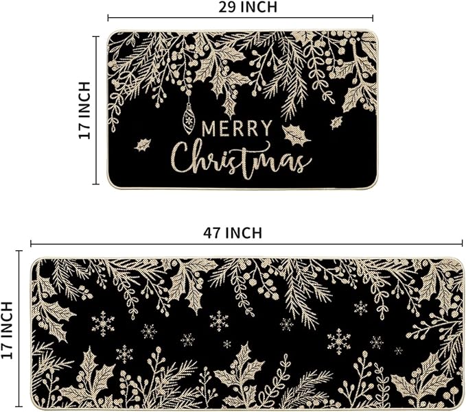 Artoid Mode Black Holly Pine Branches Merry Christmas Kitchen Mats Set of 2, Winter Decor Low-Profile Kitchen Rugs for Floor - 17x29 and 17x47 Inch