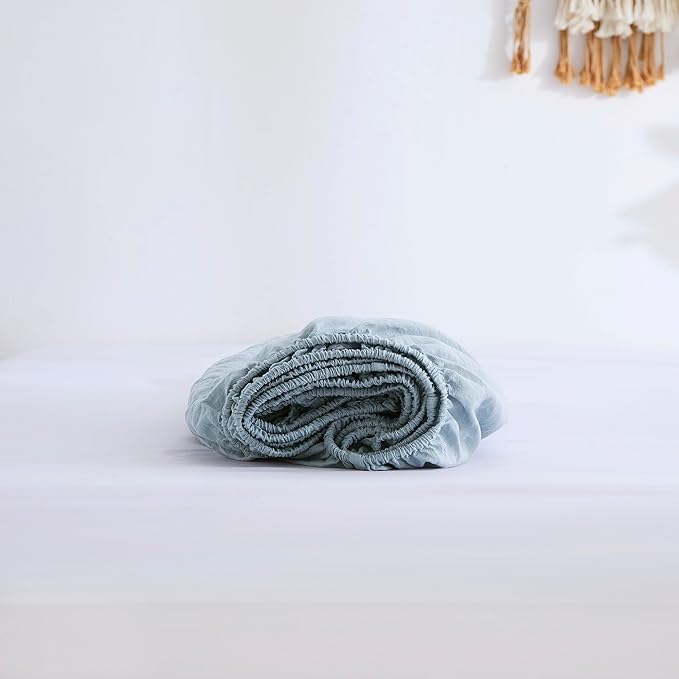 100% Linen Fitted Sheet Queen(1 Piece), 15 Inch Deep Pocket Mattress Cover French Flax Stone Washed Farmhouse Soft Breathable Bottom Sheets(Blue, Queen)