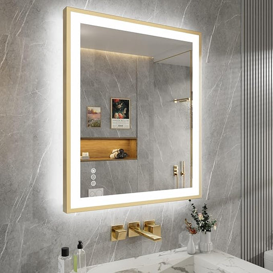 30x36 LED Bathroom Mirror with Gold Frame, Backlit and Front Lighted Bathroom Mirrors for Wall, Anti-Fog, Dimmable, Memory, Shatterproof, LED Vanity Mirror for Bathroom(Horizontal/Vertical)