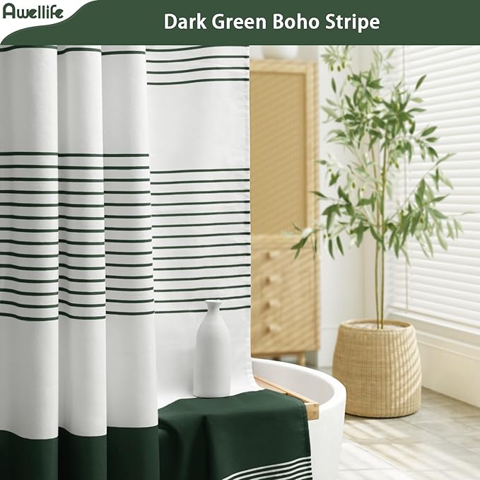 Awellife Dark Green Shower Curtain for Bathroom Boho Stripe Shower Curtain with Tassel 72 X 72 Inches Farmhouse Cotton