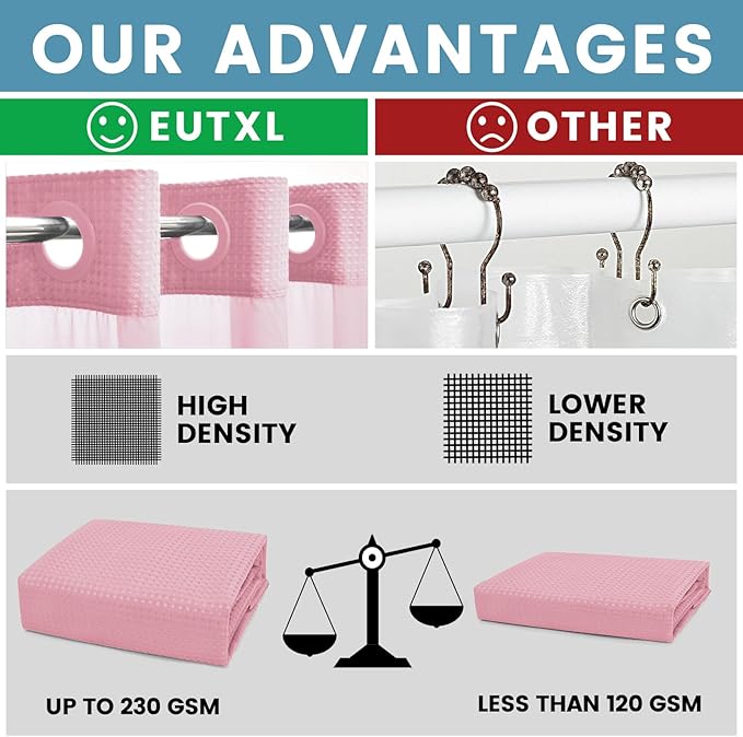 Pink Shower Curtain with Liner - 230GSM Waffle Textured Heavy Duty Shower Curtains for Bathroom,71W x 74H