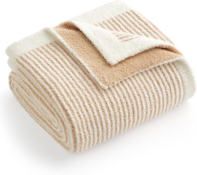 Snuggle Sac Stripe Soft Throw Blanket for Couch, Fuzzy Microfiber Knit Stripe Ribbed Blankets for Couch, Sofa, Travel, Cream Beige, 50x60 inches