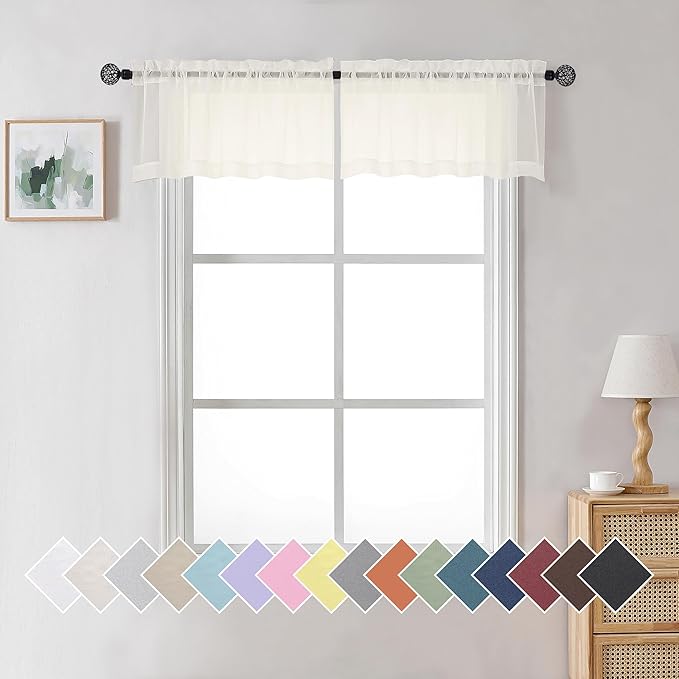 Aiyufneg Ivory Window Valances Sheer Curtains, Modern Top Dual Rod Pocket Light Filtering Voile Drapes for Small Window Kitchen Cafe Sheer Curtains 2 Panels, 40W x 14L Inch