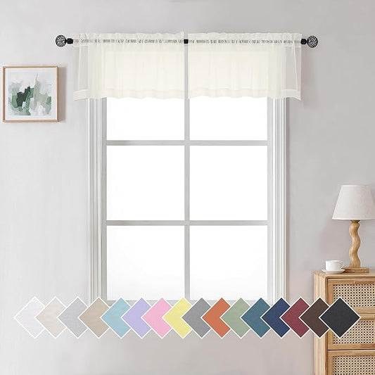 Aiyufneg Ivory Window Valances Sheer Curtains, Modern Top Dual Rod Pocket Light Filtering Voile Drapes for Small Window Kitchen Cafe Sheer Curtains 2 Panels, 40W x 14L Inch