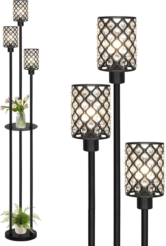 Floor Lamps for Living Room, Standing Floor Lamp with Shelves, Tall Lamp with Table, Modern Mid Century Floor Lamp with E26 Base, Coner Crystal Floor Light for Bedroom (Without Bulb)