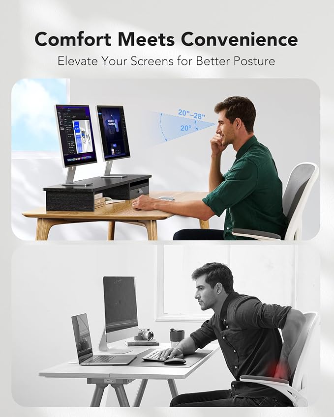 HUANUO Large Dual Monitor Stand with Drawer, Wood Monitor Stand Riser for 2 Monitors with Storage & Cable Management, Desktop Organizer up to 55" fit Monitor, Computer, TV, Printer