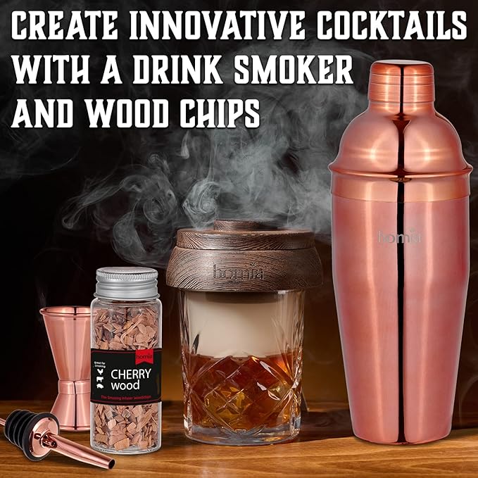 Bartender Kit with Whiskey Smoker - 13 pcs, Pine Stand - Bar Set with Cocktail Shaker, Bartending Kit with Essential Bar Accessory Tools, Wood Chips, Pink Gold