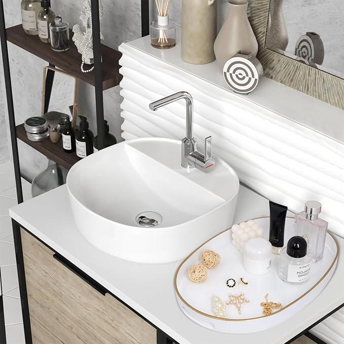 MAONAME White Decorative Tray, Oval Serving Tray with Handles, Plastic Trays for Coffee Table, Ottoman Trays for Living Room, Bathroom, 15.6" X 10.6" X 1.4"