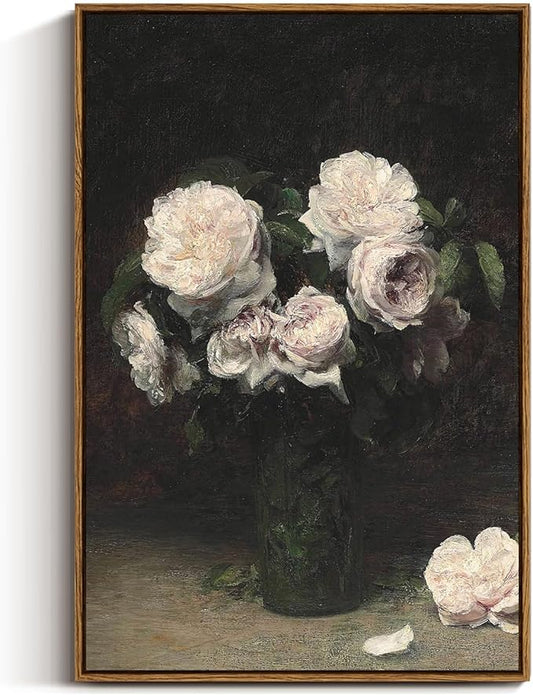 VIYYIEA Vintage Floral Large Framed Wall Art, Rose Flower Paintings Art Decor Room Aesthetic, Canvas Print Artwork, Retro Still Life Wall Pictures for Bedroom Bathroom Office, 20x30 Inch
