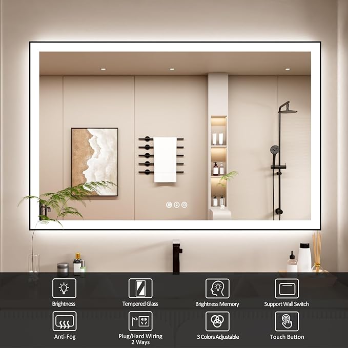 55x36 Inch LED Bathroom Mirror with Black Frame, Backlit and Front Lighted Bathroom Mirrors for Wall, Anti-Fog, Dimmable, Memory, Shatterproof, LED Vanity Mirror for Bathroom