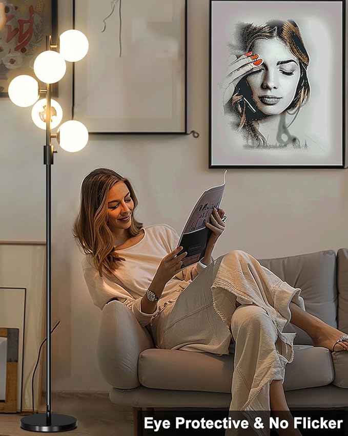 64IN Dimmable Black Floor Lamp, Tall Standing Lamps with 5 Globe Soft Warm White Eye Care 3000K G9 Bulbs, Mid Century Modern Floor Lamp for Living Room Bedroom Office