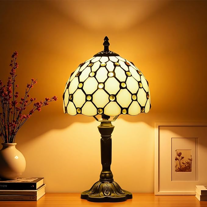 Tiffany Table Lamp,Yellow Beads Stained Glass Lamp,8" Small Tiffany Style Desk Lamp for Living Room Home,Bedroom Bedside Vintage Lamp for Office Dorm Bar Decor Gift,Included LED Bulb