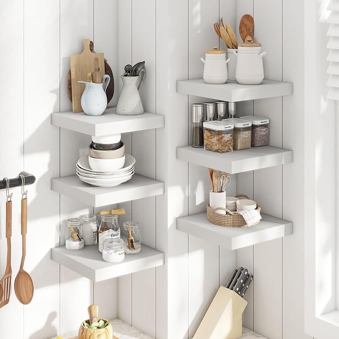 Floating Shelves for Wall with Invisible Brackets, Wall Mounted Engineered Wood Shelves with Wood Grain for Living Room, Bedroom, Bathroom, Kitchen Decor and Storage, Oak, 12"L Set of 3, White