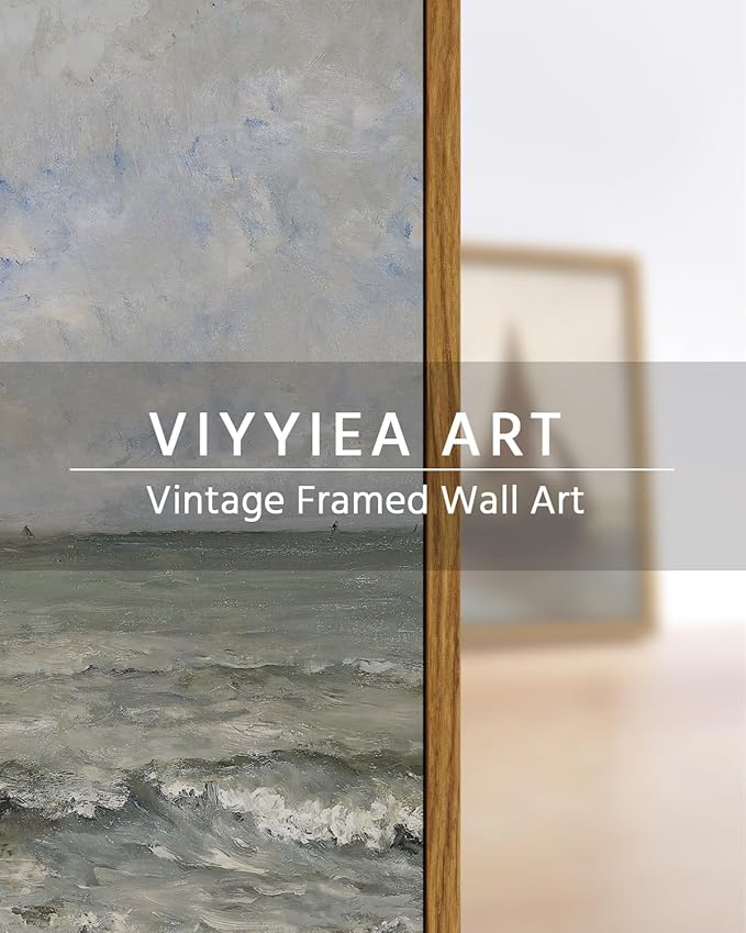 VIYYIEA Ocean Landscape Large Framed Wall Art, Seascape Vintage Paintings Art Decor Aesthetic, Canvas Print Artwork, Calming Sea Wall Pictures for Bedroom Bathroom Office, 24x36 Inch