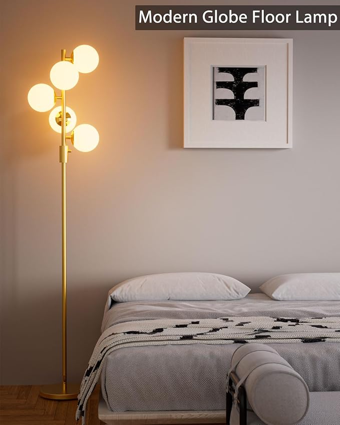 Lightdot Dimmable (Brightness Adjustable) Globe Floor Lamp, Gold Standing Lamps with 5PCS 3000K G9 Bulbs, Mid Century Modern Floor Lamp for Living Room Bedroom Home Office