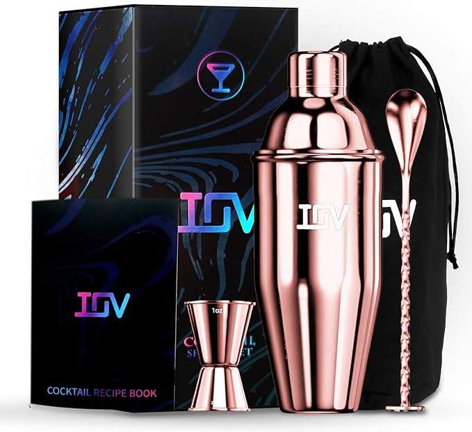 IOV Cocktail Shaker Bar Set, 24oz Martini Shaker with Built-In Strainer, Bar Tool Kit with Recipes Booklet, Professional Stainless Steel Large Bartender Drink Shaker Margarita alcohol Mixer- Rose Gold