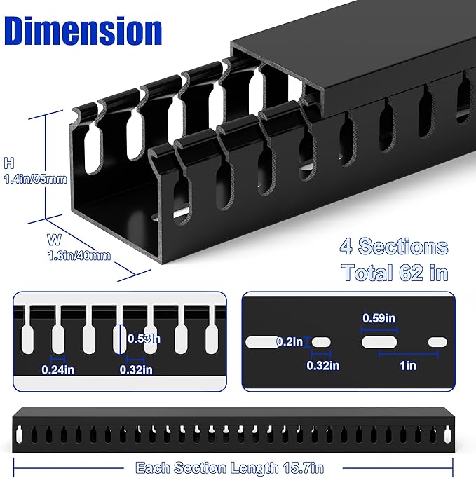 63in(4X L15.7in) Professional Server Rack Cable Management Raceway, H1.4 x W1.6in Cable Raceway Kit, Electrically Safe PVC Open Slot Wire Raceway for Under Desk/Computer/Network Cords, Black