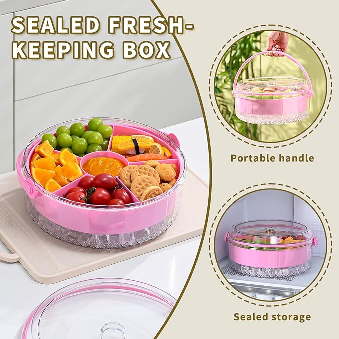 Divided Chilled Serving Tray for Parties,Ice Chilled Party Platter,Ice Serving Bowl with Lid and Handle,Charcuterie Serving Board,Cold Dish Dip for Fruit Seafood Vegetable Shrimp Cocktail Appetizer...