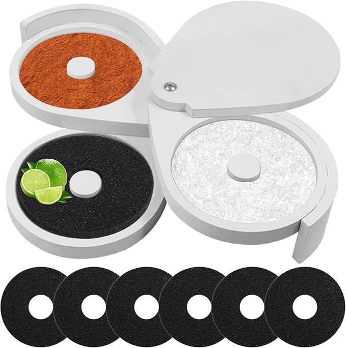 Margarita Salt Rimmer Set Bamboo– 3-Tier Bar Glass Rimmer with Lid and 6 Sponges for Cocktails, Perfect for Margaritas, Bloody Marys, and Manhattans – Ideal for Home and Parties White