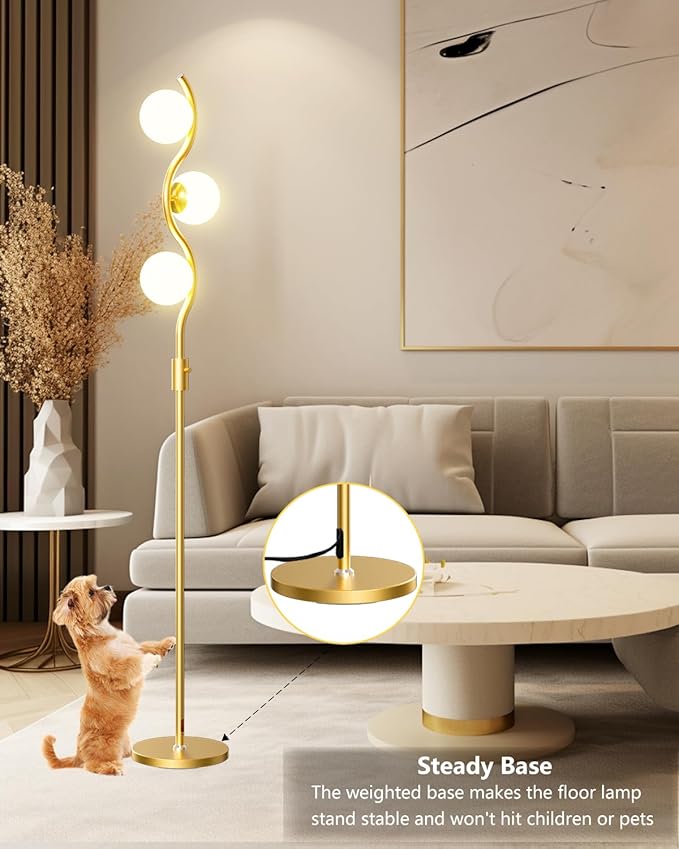60IN Dimmable Gold Globe Floor Lamp, Modern Standing Lamps with 3 Soft Warm White 3000K Bulbs, Mid Century Floor Lamp for Living Room Bedroom Home Decor