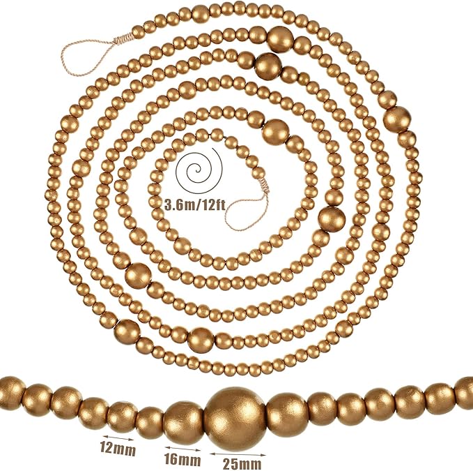 12 Feet Christmas Wooden Beads Garland Round Craft Farmhouse Vintage Wood Bead Garlands for Xmas Decoration Supplies(Gold)