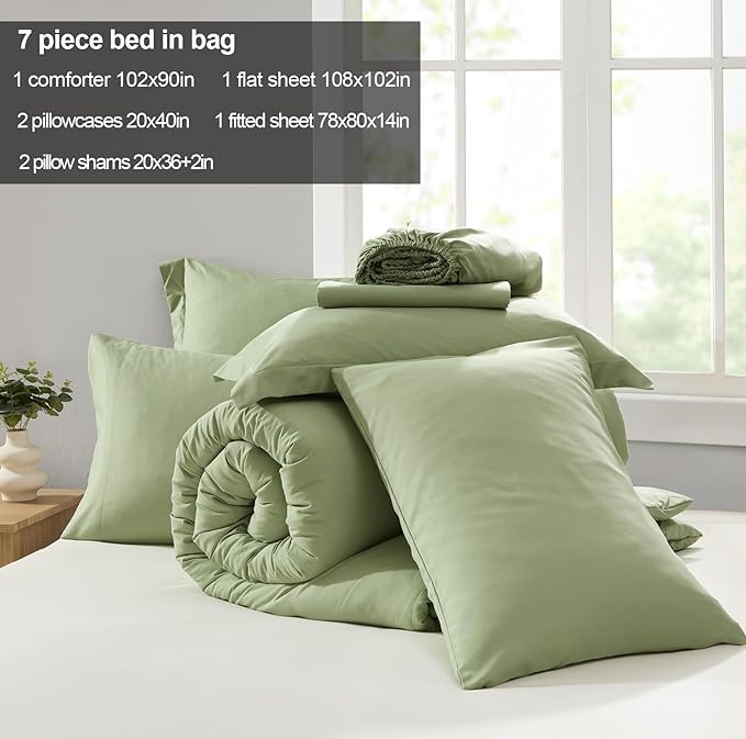 Homelike Moment King Size Comforter Set 7 Piece, Sage Green Bed in a Bag King Size Bed Set Lightweight and Machine Washable