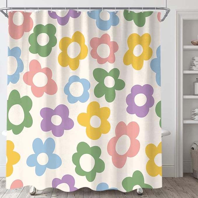 Sanzugh Cute Pastel Flower Shower Curtain, Boho Retro Floral 70S Aesthetic Fabric Shower Curtains Set for Girls Kids Bathroom Groovy Pink Floral Funky Decoration with Hooks 72 X 72 Inch Bath Decor