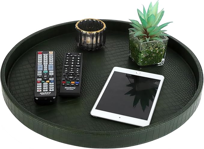 HofferRuffer Round Serving Tray 20'', Elegant Faux Leather Circle Ottoman Table Tray, Serve Tea Coffee Breakfast in Bedroom Living Room Kitchen(Green, 20")