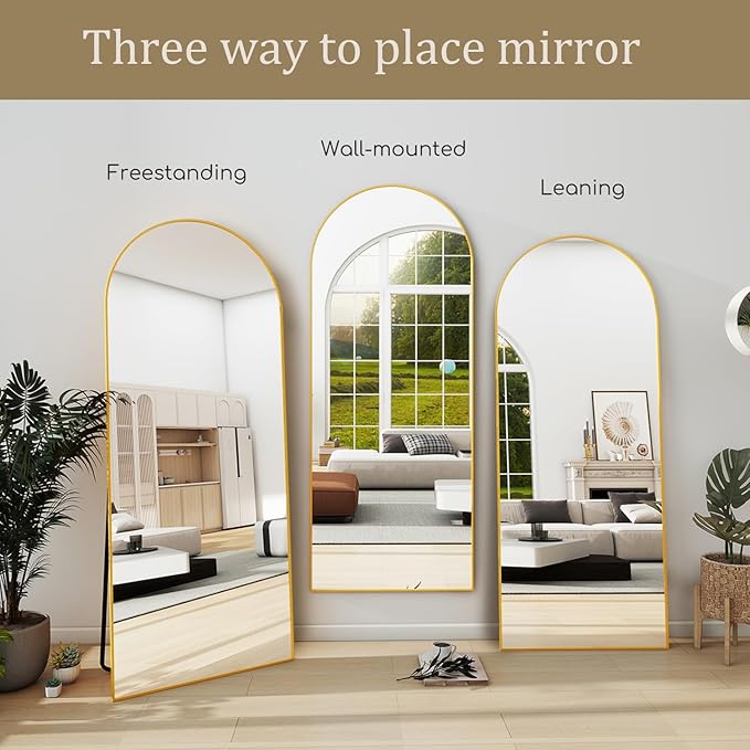 TinyTimes 76''x34'' Arched Floor Mirror, Full Length Body Mirror with Stand, Modern & Contemporary Design, Aluminum Alloy Frame (Gold)