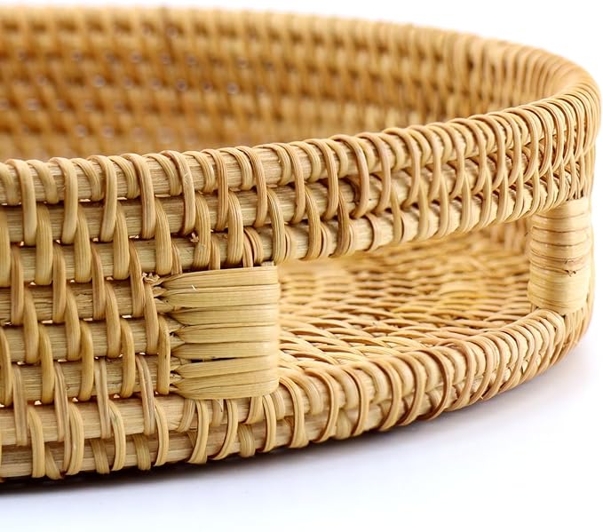 Handwoven Rattan Round Serving Tray, Natural Wicker Decorative Tray for Serving, Coffee Table, Home Décor and Entertaining, Gift Idea Choice,Set of 2