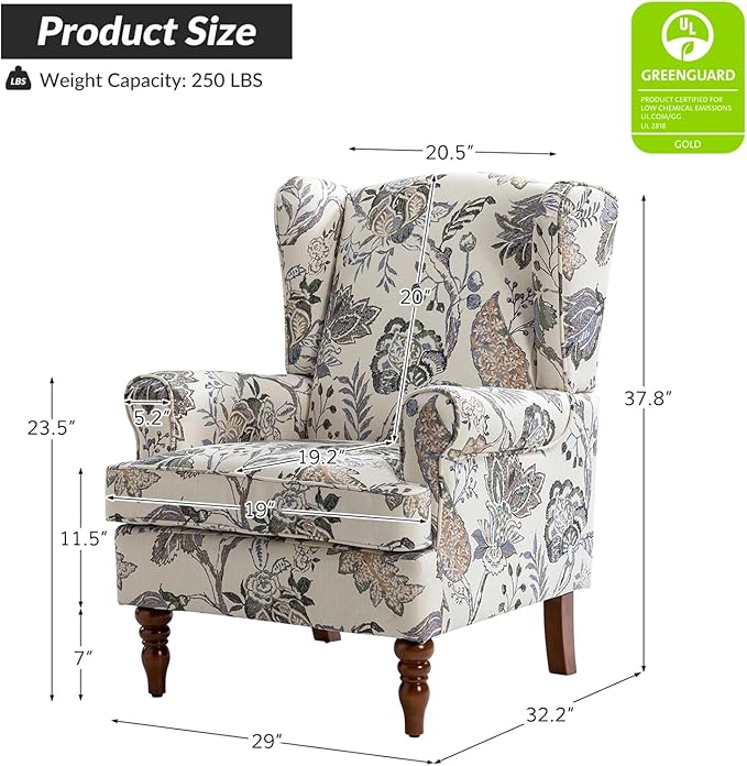 HULALA HOME Wingback Accent Chairs Set of 2 with Retro Wood Legs, Traditional Fabric Armchairs for Living Room Bedroom, Comfy Upholstered Sofa Chairs Reading Chairs with Unique Pattern Design, Green