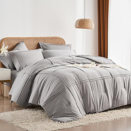 Yogeneg Twin Comforter Set 5 Piece Bed in a Bag,Grid Pinch Pleat Grey Twin Bedding Set,Striped Textured Soft Microfiber Comforter with Sheet Set,All Season Complete Bed Set(Grey,Twin)