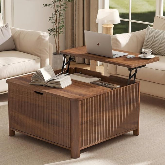 LYNCOHOME Fluted Lift Top Coffee Table with Storage, Square Coffee Tables for Living Room, Coffee Table with Large Hidden Storage Compartment and Adjustable Shelves，Walnut