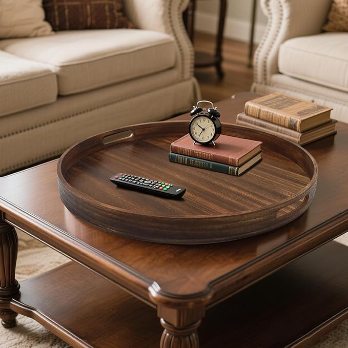Round Decorative Tray, Extra Large Wooden Serving Tray with Handles, 11.8in Vintage Brown Decorative Trays for Coffee Table,Kitchen Counter,bandejas decorativas