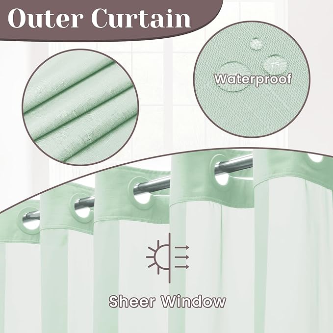 No Hook Slub Textured Shower Curtain with Snap in Liner - Aqua Fabric Outer Curtain & Waterproof Inner Liner, Hotel Style with See Through Top Window, 71x74 in