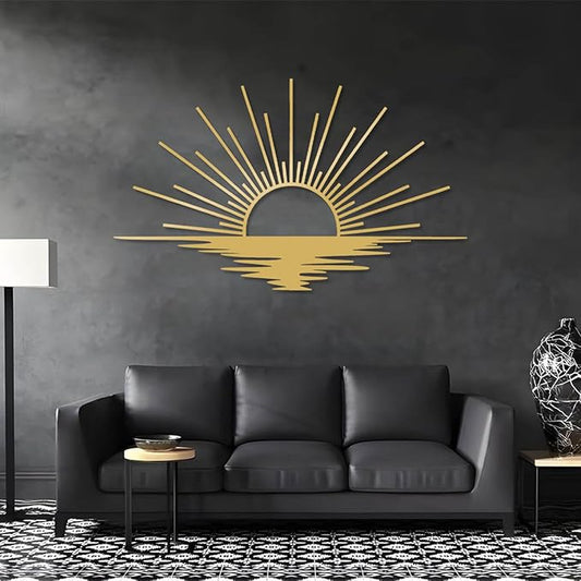 Sunrise Metal Wall Art, Metal Sun Wall Decor, Sun Outdoor Wall Art, Abstract Sunrise Wall Decor, Boho Home Hanging, Living Room Wall Hanging (Gold, 30"x18"/76x45cm)