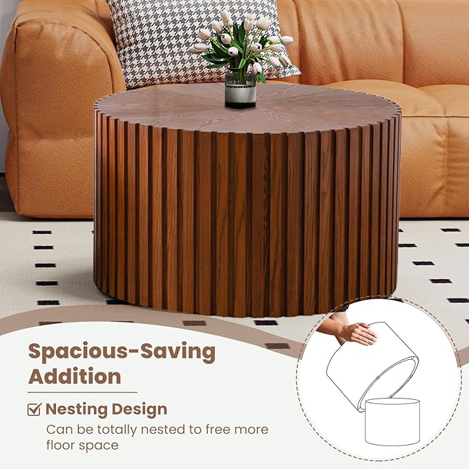 WXFKLDJ Round Nesting Coffee Table Set Cylindrical Wooden Coffee Table Sofa Center Table Circle Embossed Design Side Table for Living Room Apartment No Assembly (Striped Brown Large)