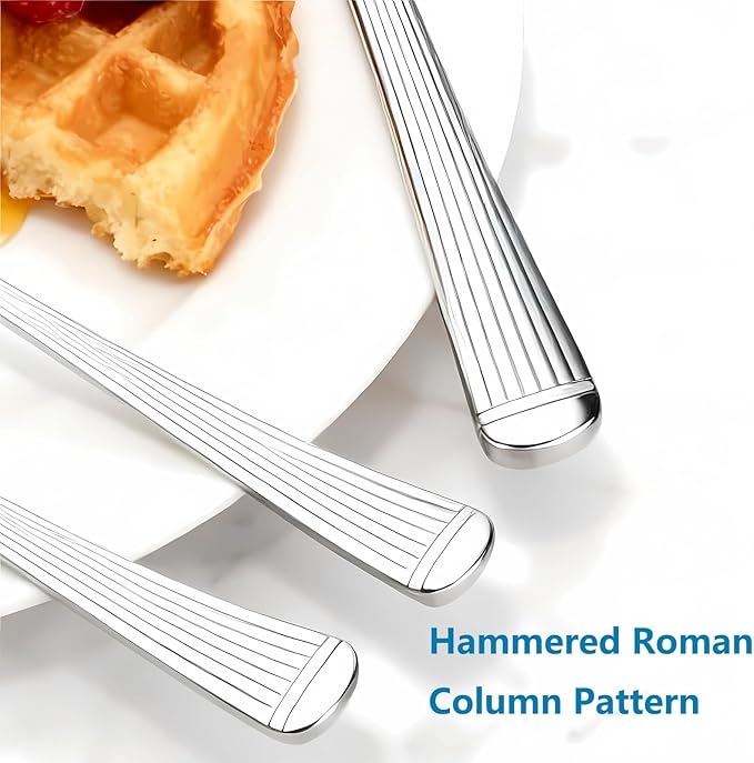 Yoehka 60-Piece Hammered Silverware Set for 12, Stainless Steel Flatware Set with Roman Column Handles, Mirror Polished Cutlery/Utensils Set for Home, Restaurant, Hotel, Dishwasher safe